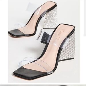 NEW Schutz Ariellen Vinyl Crystal Block-Heel leather Sandals slides Black 6